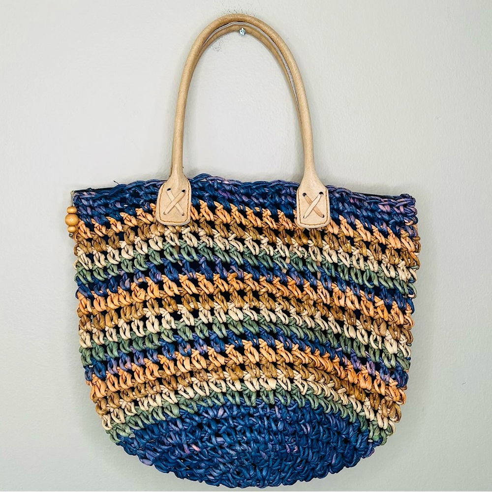 Vintage Waves Blue Orange Woven Cornhusk Leather Tandem Shoulder Beach Bag